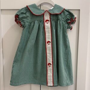 Southern Smocked Company Green/White Gingham Dress with Red Trim & Santa Detail
